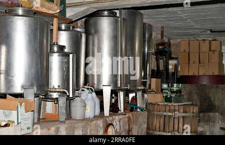 Home micro cave cuves de fermentation en acier inoxydable servant du vin pour bar local, maison d'hôtes et ménage, près de Borralhoso, Portugal Banque D'Images