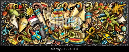 Illustration vectorielle avec le thème Egypte doodles. Design de bannière vibrant et accrocheur, capturant l'essence de la culture et des traditions égyptiennes à travers Illustration de Vecteur