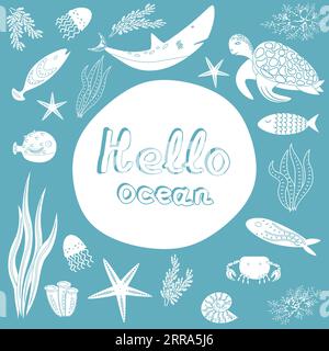 Vecteur ensemble d'animaux marins contour blanc - poulpe, crabe, poissons, mollusques et l'inscription - bonjour océan. Vector Graphics.EPS10 Illustration de Vecteur