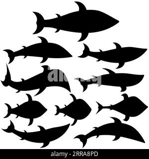 Un ensemble de silhouettes de poissons de différents types et dans différentes poses. Illustration de Vecteur