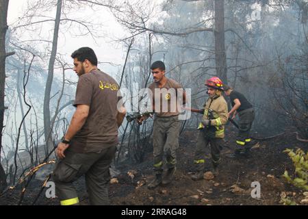 210729 -- AKKAR LIBAN, le 29 juillet 2021 -- des membres de la Défense civile libanaise combattent un feu de forêt à Akkar, au nord du Liban, le 29 juillet 2021. L incendie massif qui s est déclaré dans le village de Qoubaiyat, au nord du Liban, continue de faire rage dans la région pour la deuxième journée, a rapporté jeudi un média local. Photo de /Xinhua LEBANON-AKKAR-FOREST FIRE Khaled PUBLICATIONxNOTxINxCHN Banque D'Images