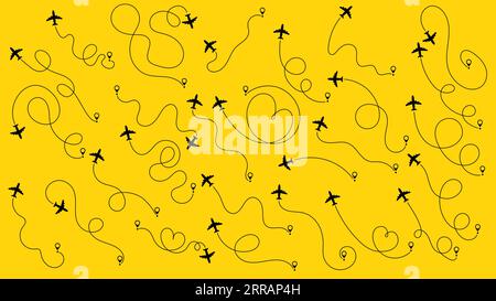 Suivi des avions, trajectoire de l'avion, déplacement, broches de carte, broches de localisation. Ensemble de trajectoires d'avion ou d'itinéraires d'avion. Concept de voyage à partir du point de départ et de la ligne pointillée Illustration de Vecteur