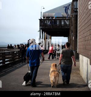 210816 -- SAN FRANCISCO, 16 août 2021 -- des gens promènent leurs chiens à un quai à San Francisco, États-Unis, le 15 août 2021. Le maire de San Francisco London Breed a annoncé jeudi dernier que la ville exigera des entreprises dans certains secteurs intérieurs à contact élevé d'obtenir une preuve de vaccination de leurs clients et employés pour qu'ils puissent entrer dans ces installations. L’exigence d’ordonnance de santé pour la preuve de vaccination complète pour les clients des lieux publics intérieurs, y compris les bars, les restaurants, les clubs et les gymnases entre en vigueur le 20 août. Pour préserver les travaux tout en laissant du temps pour la conformité, la preuve Banque D'Images