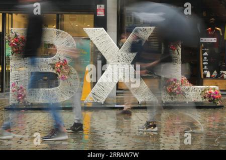 210817 -- BRUXELLES, 17 août 2021 -- des gens passent devant une installation florale dans le centre de Bruxelles, Belgique, le 17 août 2021. Un événement floral Brussels in Bloom a eu lieu du 15 août au 5 septembre cette année dans les rues autour de la Grand-place de Bruxelles, alors que le tapis de fleurs a été déplacé au 2022 août. BELGIQUE-BRUXELLES-BRUXELLES EN FLEUR ZhengxHuansong PUBLICATIONxNOTxINxCHN Banque D'Images