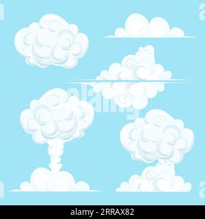 Set les nuages dans le ciel de différentes formes ressemblent à une explosion. Fumée blanche dans le ciel. Collection d'isolats de dessins animés vectoriels Illustration de Vecteur