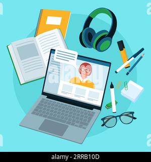 Concept d'apprentissage et d'éducation en ligne : professeur donnant des cours en ligne sur un écran d'ordinateur portable et des accessoires Illustration de Vecteur