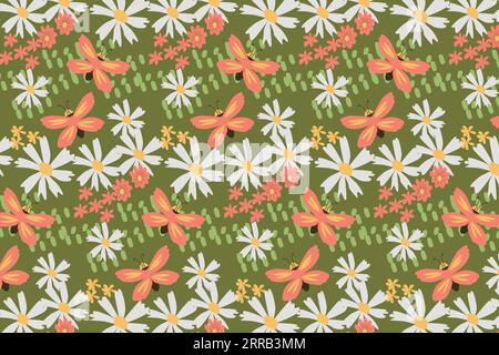 papillon rose avec motif sans couture de fleurs de marguerite Illustration de Vecteur