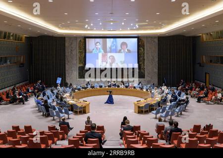 210910 -- NATIONS UNIES, 10 septembre 2021 -- Deborah Lyons, représentante spéciale du secrétaire général des Nations Unies pour l Afghanistan, informe le Conseil de sécurité par liaison vidéo le 9 septembre 2021. Jeudi, le haut envoyé des Nations unies pour l'Afghanistan a appelé à un modus vivendi pour que l'argent arrive en Afghanistan et pour que des efforts soient déployés pour faire face à la situation humanitaire désastreuse. /Document via Xinhua un-AFGHANISTAN-MONEY FLOW-MODUS VIVENDI ManuelxElias/UNxPhoto PUBLICATIONxNOTxINxCHN Banque D'Images