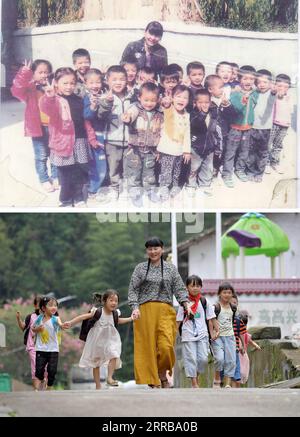 210910 -- NANCHANG, 10 septembre 2021 -- EN HAUT : une photo de fichier non datée montre un enseignant rural Zhi Yueying posant avec des élèves EN BAS : Zhi escorte des étudiants sur le chemin du retour dans le canton de Zaoxia du comté de Fengxin, province de Jiangxi dans l'est de la Chine, le 2 septembre 2021. Photo prise par Zhi enseigne depuis 41 ans dans une école primaire de la ville. La Chine prévoit de recruter 84 330 diplômés universitaires comme enseignants dans les écoles primaires et secondaires rurales en 2021 pour promouvoir la vitalité rurale. Le recrutement est principalement destiné aux zones autrefois appauvries et à celles habitées par des minorités ethniques afin de consolider les résultats en matière de réduction de la pauvreté, conformément à ce qui a été fait Banque D'Images