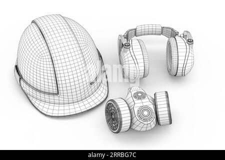 Casque de sécurité ou capuchon rigide, masque respiratoire et écouteurs protecteurs isolés sur fond blanc. 3d le concept de rendu des couches de lignes visibles et invisibles sont Banque D'Images