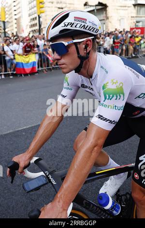 Saragosse, Espagne. 07 septembre 2023. Le Belge Remco Evenepoel de Soudal Quick-Step photographié après l'étape 12 de l'édition 2023 de la 'Vuelta a Espana', d'Olvega à la Saragosse (150, 6 km), Espagne, jeudi 07 septembre 2023. La Vuelta se déroule du 26 août au 17 septembre. BELGA PHOTO PEP DALMAU crédit : Belga News Agency/Alamy Live News Banque D'Images