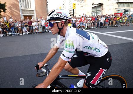 Saragosse, Espagne. 07 septembre 2023. Le Belge Remco Evenepoel de Soudal Quick-Step photographié après l'étape 12 de l'édition 2023 de la 'Vuelta a Espana', d'Olvega à la Saragosse (150, 6 km), Espagne, jeudi 07 septembre 2023. La Vuelta se déroule du 26 août au 17 septembre. BELGA PHOTO PEP DALMAU crédit : Belga News Agency/Alamy Live News Banque D'Images