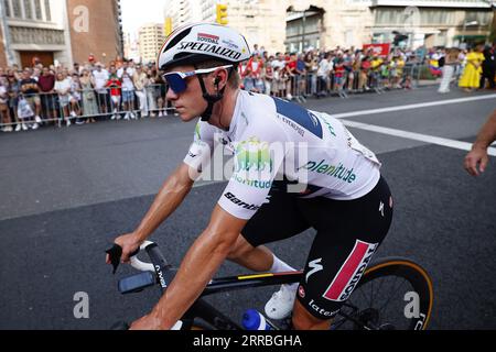 Saragosse, Espagne. 07 septembre 2023. Le Belge Remco Evenepoel de Soudal Quick-Step photographié après l'étape 12 de l'édition 2023 de la 'Vuelta a Espana', d'Olvega à la Saragosse (150, 6 km), Espagne, jeudi 07 septembre 2023. La Vuelta se déroule du 26 août au 17 septembre. BELGA PHOTO PEP DALMAU crédit : Belga News Agency/Alamy Live News Banque D'Images