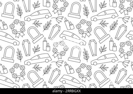 modèle sans couture avec des icônes de ligne funéraire : corbillard, cercueil, tombe, bougies, couronne de fleurs et feuilles-illustration vectorielle Illustration de Vecteur