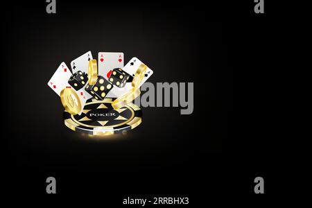 Casino en ligne, bannière noire avec bonus de bienvenue, bouton, cartes à jouer de casino en or, dés et jetons de poker sur podium en or avec anneau néon jaune sur backgr Illustration de Vecteur