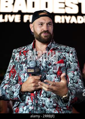 Tyson Fury interviewé sur le tapis rouge avant une conférence de presse ICI à Outernet, Londres. Date de la photo : jeudi 7 septembre 2023. Banque D'Images