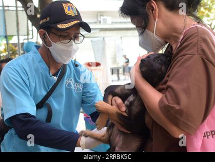 210927 -- JAKARTA, le 27 septembre 2021 -- Un chien de compagnie reçoit gratuitement un vaccin contre la rage à Jakarta, en Indonésie, le 27 septembre 2021. La Journée mondiale de la rage est célébrée le 28 septembre pour sensibiliser à la prévention de la rage chez les animaux de compagnie. INDONÉSIE-JAKARTA-PET-RAGE-VACCINATION Zulkarnain PUBLICATIONxNOTxINxCHN Banque D'Images