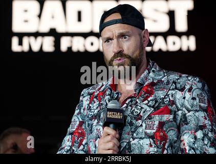 Tyson Fury interviewé sur le tapis rouge avant une conférence de presse ICI à Outernet, Londres. Date de la photo : jeudi 7 septembre 2023. Banque D'Images