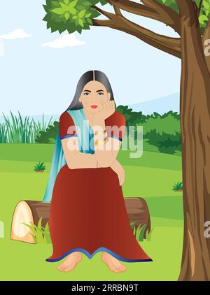 Fille porte Red Shalwar Kameez dans le parc et assis sur une bûche Illustration de Vecteur