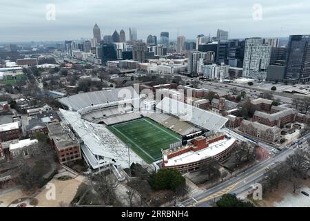 Une vue aérienne générale du stade Bobby Dodd à Historic Grant Field au Georgia Institute of Technology, dimanche 29 janvier 2023, à Atlanta. Le stade accueille l'équipe de football Georgia Tech Yellowjackets. Banque D'Images