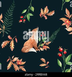 Motif aquarelle sans couture avec renard bébé mignon, feuille de chêne, baies rouges et branche avec fleur rouge sur fond noir. Botanique dessiné à la main Banque D'Images