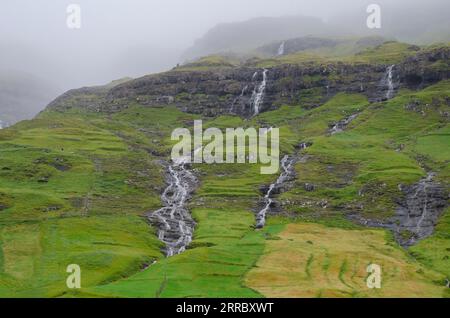 Cascades d'eau sur une pente au-dessus du village de Tjørnuvik, dans les îles Féroé. Banque D'Images