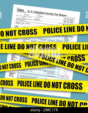 Un formulaire d'impôt sur le revenu fédéral des États-Unis 1040 est vu derrière la bande de scène de crime de police dans une illustration 3-d sur l'évasion fiscale ou le non-paiement de l'impôt à l'IRS Banque D'Images