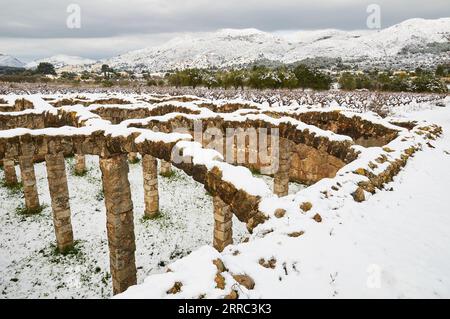 Bassa dels Arcs, un réservoir d'eau du XVIII siècle, couvert de neige fraîche (Xaló, Jalón, Vall de Pop, Marina Alta, Alicante, communauté valencienne, Espagne) Banque D'Images