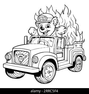 Ours Driving Firetruck Coloriage page pour les enfants Illustration de Vecteur