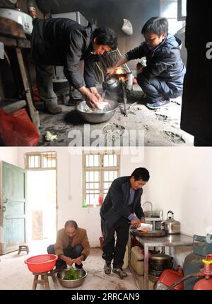211029 -- LINGCHUAN, 29 octobre 2021 -- HAUT : les enseignants ruraux Qin Xingguo L et Cai Jiaohong préparent un repas pour les élèves d'une école de la municipalité de Haiyang, comté de Lingchuan, région autonome de Guangxi Zhuang, sud de la Chine, 27 mars 2013 BAS : les enseignants ruraux Qin Xingguo R et Qin Yun an préparent un repas pour les élèves d'une école du canton de Haiyang, comté de Lingchuan, région autonome de Guangxi Zhuang, sud de la Chine, 28 octobre 2021. L’enseignante rurale Qin Xingguo travaille au centre d’enseignement d’Antai dans le canton de Haiyang. Au cours des 27 dernières années, Qin s'est consacré à aider les enfants ici à réaliser leur d Banque D'Images