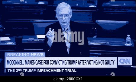 Une capture d'écran de CNN (colorisée numériquement) du chef de la minorité sénatoriale américaine Mitch McConnell après avoir voté pour acquitter Donald Trump le 13 février 2021. Banque D'Images