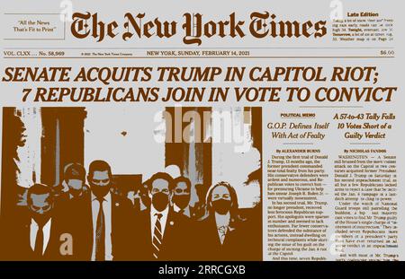 Une capture d'écran de la page d'accueil du site Web en ligne du New York Times (colorisé numériquement) rapportant le deuxième acquittement de Donald Trump. Banque D'Images