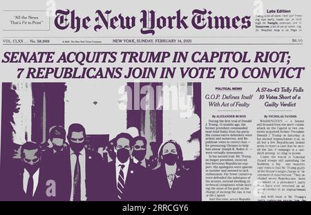 Une capture d'écran de la page d'accueil du site Web en ligne du New York Times (colorisé numériquement) rapportant le deuxième acquittement de Donald Trump. Banque D'Images