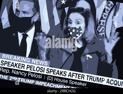 Une capture d'écran de CNN (colorisée numériquement) de la Présidente de la Chambre Nancy Pelosi s'exprimant après que le Sénat ait de nouveau acquitté Donald Trump des accusations de destitution. Banque D'Images