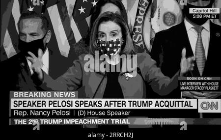 Une capture d'écran de CNN (colorisée numériquement) de la Présidente de la Chambre Nancy Pelosi s'exprimant après que le Sénat ait de nouveau acquitté Donald Trump des accusations de destitution. Banque D'Images