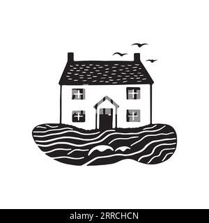 Illustration d'impression de bloc de cabane de plage fantaisiste pour le concept de voyage tropical. Vector maison côtière stylisée pour les vacances. Illustration de Vecteur