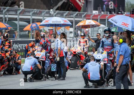 Barcelone, Espagne. 3 septembre 2023 Journée de course.moto GP Fabio Di Giannantonio (49) de Gresini Racing, Marc Márquez (93) de Repsol Honda Team et Alex Márquez (73) de Gresini Racing avant le MotoGP Gran Premi Monster Energy de Catalunya.MotoGP 1-2-3 septembre 2023, au circuit de Barcelona-Catalunya à Barcelone, Espagne. Banque D'Images