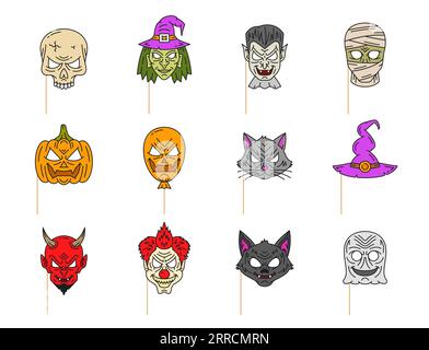 Accessoires de masque pour cabine photo d'halloween au dessin au trait. Crâne linéaire de vecteur isolé, sorcière, vampire et momie. Visage de citrouille, ballon lanterne Jack, chat noir et chapeau de sorcier. Diable, clown sinistre, loup-garou, fantôme Illustration de Vecteur