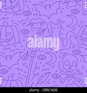 Motif Halloween violet sans couture. Citrouille, chat, crâne, lune. Illustration vectorielle dans le style dessiné à la main doodle. Illustration de Vecteur