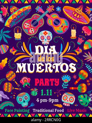 Day of the Dead Dia de Los Muertos fête mexicaine flyer, vecteur Mexique Halloween. Crânes de calavera de sucre de dessin animé, fleurs et bougies, guitares mariachi et maracas sur fond de motif floral Illustration de Vecteur