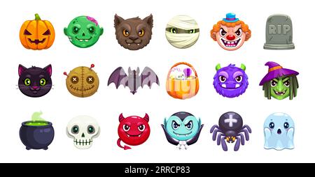 Ensemble emoji Halloween de dessin animé, émoticônes boo monstre et visages effrayants, sourires vectoriels. Halloween emoji de vacances de citrouille effrayante, zombie, vampire et momie, loup-garou effrayant et sorcière avec pierre tombale Illustration de Vecteur