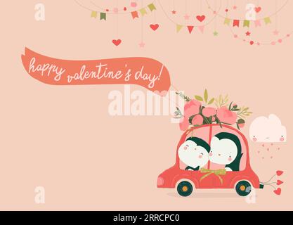 Carte de Saint-Valentin mignonne avec voiture de couple de pingouins heureux Illustration de Vecteur