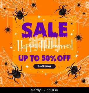 Bannière de vente d'Halloween avec toile d'araignée et araignées pour la promotion de rabais de vacances, fond de vecteur. Promotion Halloween 50 % de réduction pour la boutique ou le magasin avec des araignées effrayantes sur toile d'araignée Illustration de Vecteur