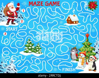 Labyrinthe de Noël. Aide au père noël pour trouver ses amis animaux. Search path Kids Riddle, feuille de calcul d'activité de jeu de vecteur labyrinthe avec Père Noël, bonhomme de neige, pingouin et hérisson mignon personnages Illustration de Vecteur