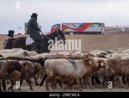 211119 -- WENQUAN, 19 novembre 2021 -- une photo montre le nouveau camion de fartage dans le comté de Wenquan, dans la région autonome ouygur du Xinjiang, au nord-ouest de la Chine, le 17 novembre 2021. Le tout premier camion de fartage auto-développé en Chine a été déployé lors de la session d'entraînement de l'équipe nationale chinoise de ski de fond pour les Jeux Olympiques d'hiver de 2022. Il est livré avec 6 bancs de cirage, cabines pour le stockage et d'autres utilisations. SPCHINA-XINJIANG-CAMION DE SKI DE FOND CN HUXHUHU PUBLICATIONXNOTXINXCHN Banque D'Images