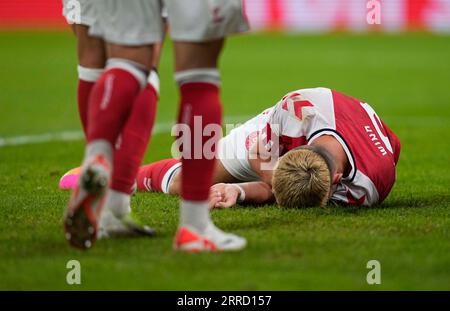 Parken, Copenhague, Danemark. 07 septembre 2023. Jonas Wind (Danemark) fait des gestes lors d’un match de qualification du Groupe H EURO 2024, Danemark contre Saint-Marin, au Parken, Copenhague, Danemark. Kim Price/CSM/Alamy Live News Banque D'Images