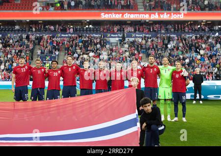 Oslo, Norvège. 07 septembre 2023. Oslo, Norvège, 7 septembre 2023 : joueurs de Norvège lors de l'hymne national avant le match amical international de football entre la Norvège et la Jordanie au stade Ullevaal d'Oslo, Norvège. (Ane Frosaker/SPP) crédit : SPP Sport Press photo. /Alamy Live News Banque D'Images