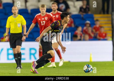 Cardiff City Stadium, Cardiff, Royaume-Uni. 7 septembre 2023. Match amical international de football, pays de Galles contre Corée du Sud ; le Coréen Heung-min son (C)(7) en action. Crédit : action plus Sports/Alamy Live News Banque D'Images