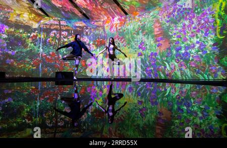 211202 -- TORONTO, le 2 décembre 2021 -- des gens posent pour des photos dans un cours de yoga pendant l'exposition Beyond Monet au Metro Toronto Convention Center à Toronto, Canada, le 2 décembre 2021. Grâce à l’expérience artistique immersive pendant l’exposition, le cours de yoga hebdomadaire offre une expérience différente pour tous les âges et tous les niveaux. Photo de /Xinhua CANADA-TORONTO-EXHIBITION- BEYOND MONET -YOGA ZouxZheng PUBLICATIONxNOTxINxCHN Banque D'Images