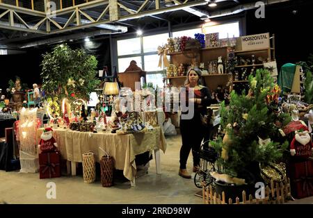 211212 -- BEYROUTH, le 12 décembre 2021 -- Une vendeuse attend des clients à son stand lors d'une exposition baptisée marché aux puces à Beyrouth, au Liban, le 11 décembre 2021. L'exposition de cinq jours de mercredi présente des articles comprenant des meubles, des appareils électroménagers, des peintures, des vêtements, des accessoires, entre autres. LIBAN-BEYROUTH-MARCHÉ AUX PUCES-EXPOSITION LiuxZongya PUBLICATIONxNOTxINxCHN Banque D'Images